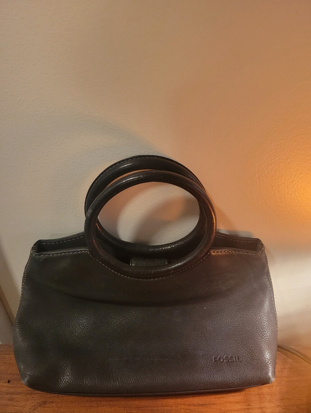 Vintage Fossil Black Pebbled Leather Ring Handle Mini Satchel Bag